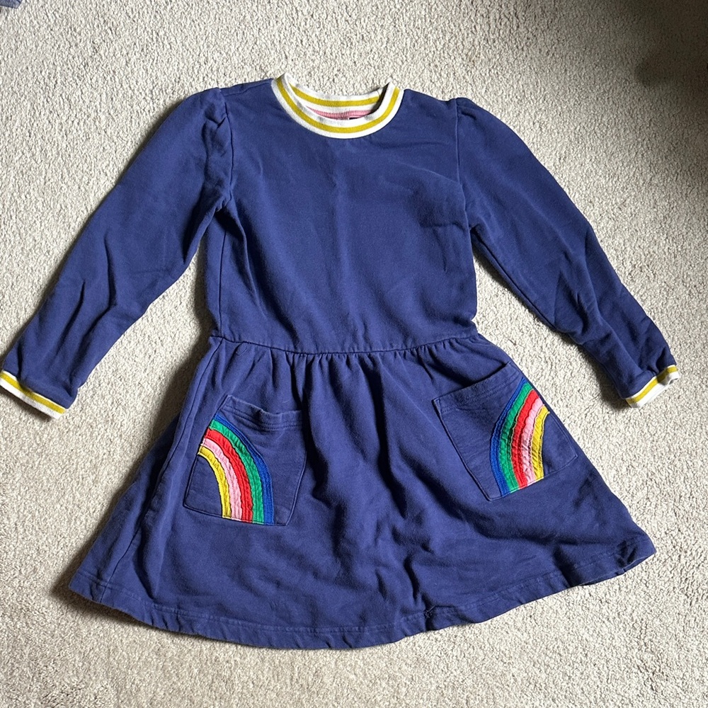 Mini Boden Navy Blue Kids Dress with Rainbow Pockets
